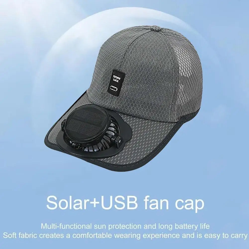 Ademende zonnehoed — Zonneventilator, opladen via USB