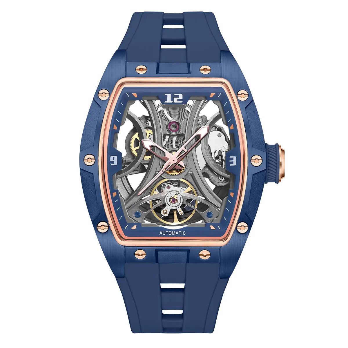 MEGIR Sports Style Automatic Mechanical Watch for Men Full Hollow Transparent Dial Design Stainless Steel Case Silicone Strap