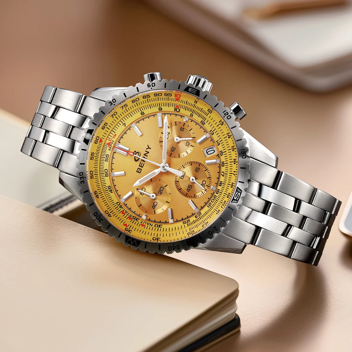 Pánské hodinky BERNY Aviation – křemenný chronograf s datem, safírovým sklem a ultraluminiscenční vrstvou – elegantní hodinky luxusní značky