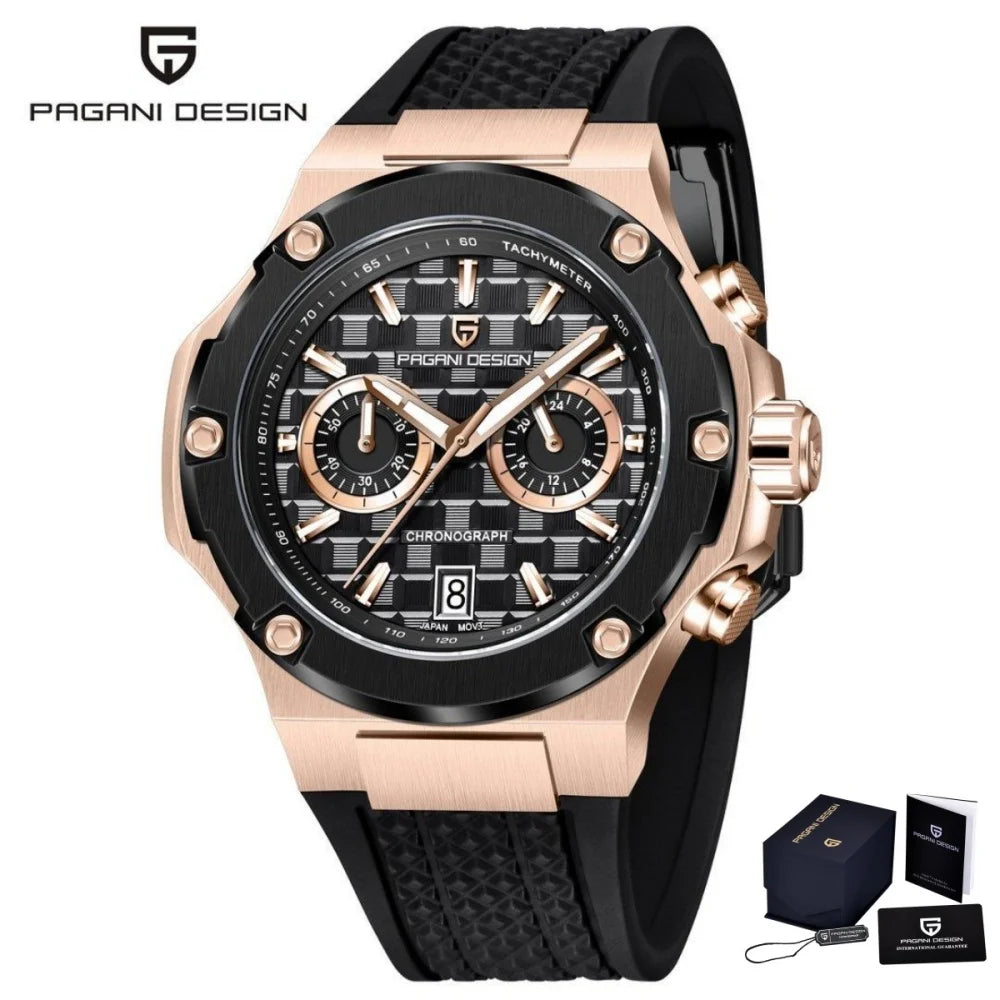 PAGANI DESIGN PD-YS032 Men's Quartz Watch 44mm Japan VK64 Movement Stainless Steel Case Rubber Strap Sapphire Glass 100M Waterproof