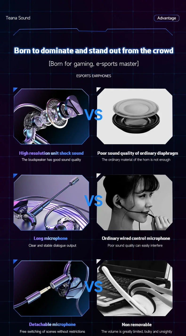 Gaming Earbud Gamer Headphone With Dual Microphones Typec&3.5mm In-ear Earphones HiFi Stereo Headsets Sport with Mic for Samsung