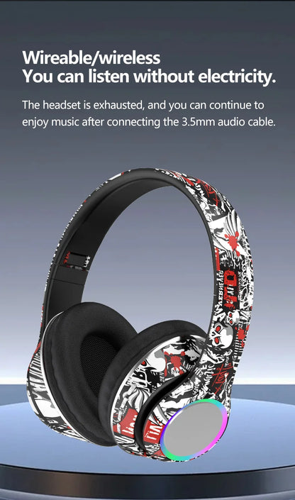 P85 Graffiti Wireless Headset Bluetooth 5.3 Gamer Headphones with Microphone Overhead Headphone with LED Light Foldable FM Radio