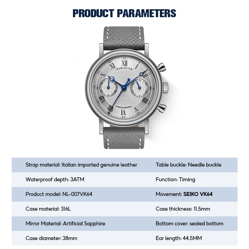 FARASUTE 2025 New Retro Men's Watches Quartz Watch For Men Speed Sports Chronograph AR Coating Sapphire VK64 Clock Reloj Hombre