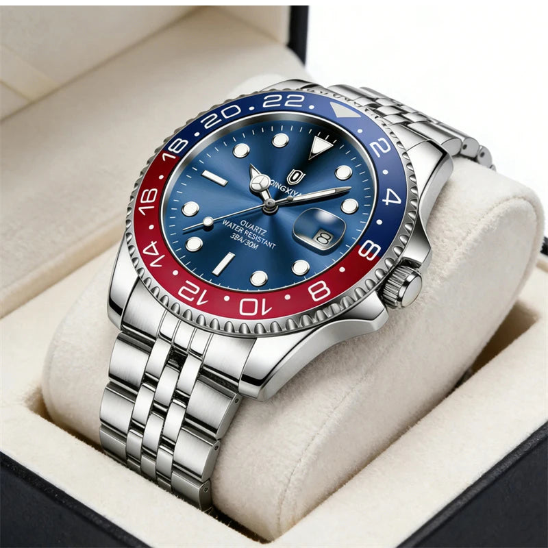 QINGXIYA Luxe herenhorloges met kwartsmechanisme, roestvrij staal, waterdicht, verlicht, datumweergave, herenpolshorloge, reloj hombre