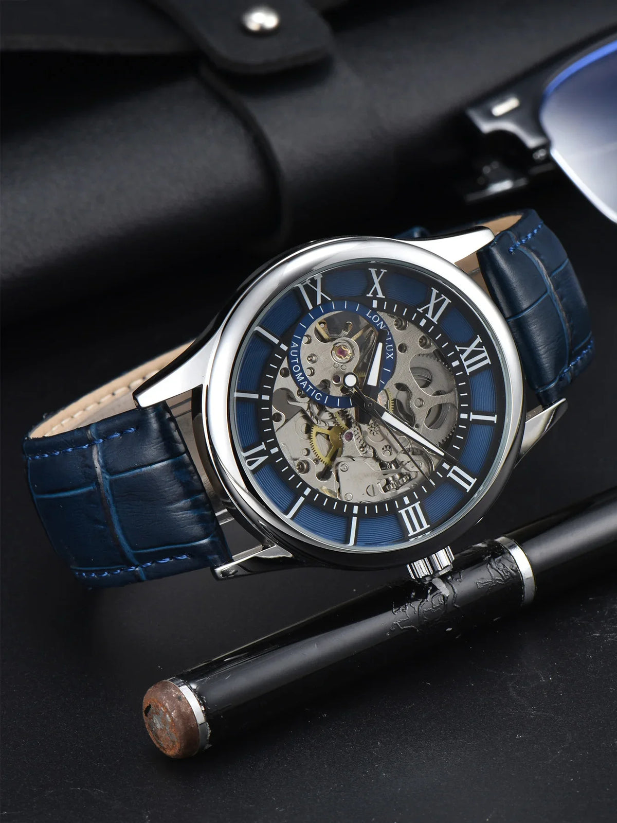 LONGLUX automatic watch rome wholesale mechanical wristwatches waterproof hollow leather mens watch men gift