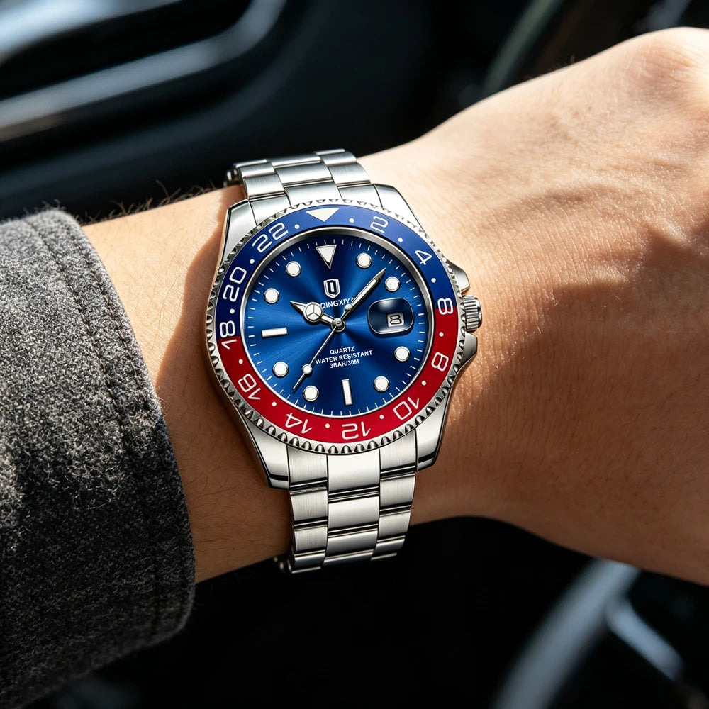 QINGXIYA Luxe herenhorloges met kwartsmechanisme, roestvrij staal, waterdicht, verlicht, datumweergave, herenpolshorloge, reloj hombre