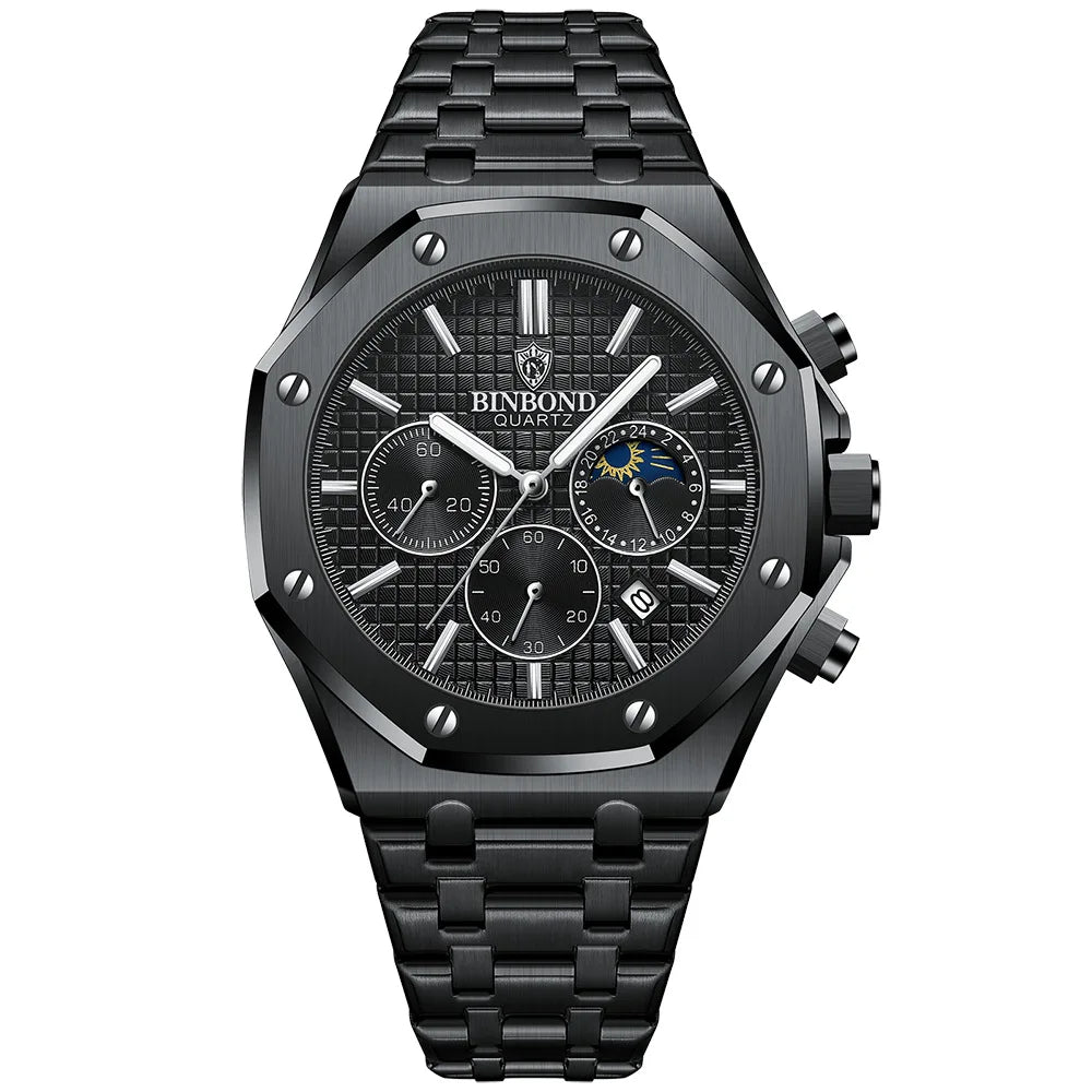 Montre-bracelet à quartz de luxe BINBOND, lumineuse, étanche, chronographe avec date automatique, montre pour homme, montre de sport et d'affaires.