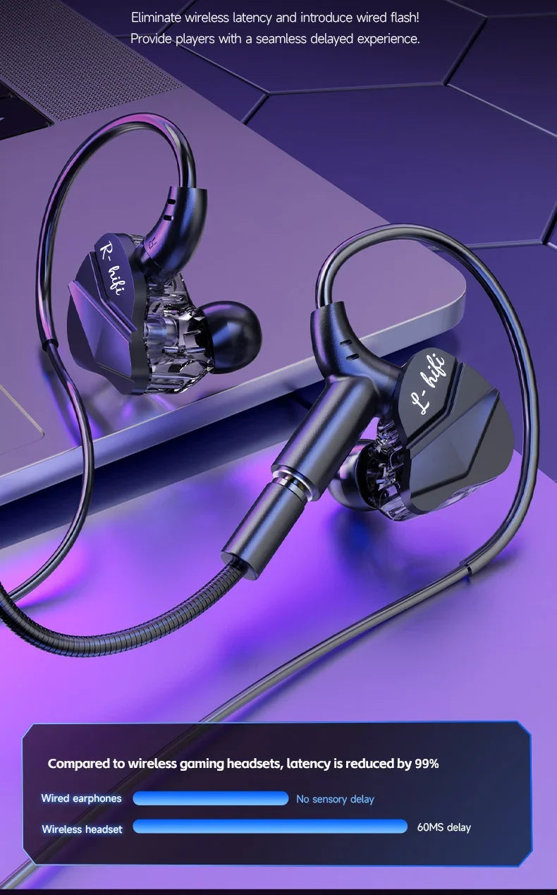 Gaming Earbud Gamer Headphone With Dual Microphones Typec&3.5mm In-ear Earphones HiFi Stereo Headsets Sport with Mic for Samsung