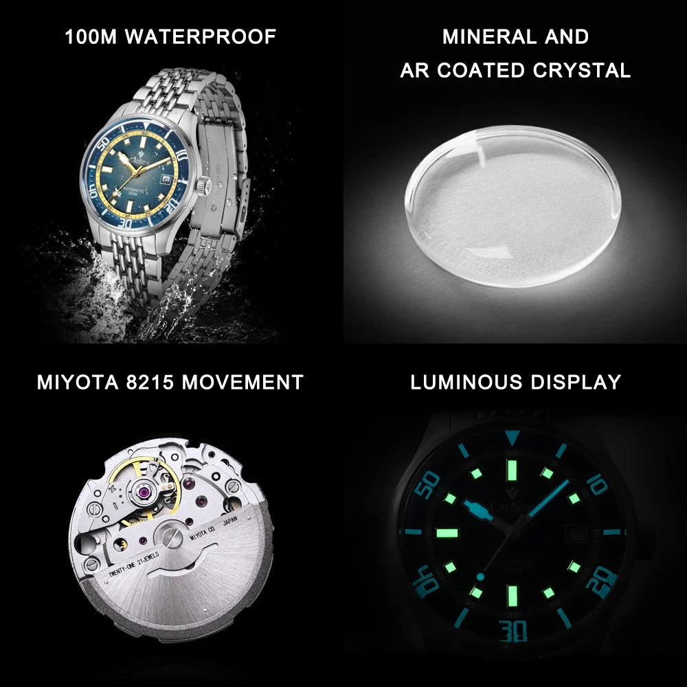 CADISEN Automatic Mechanical Watch Men's Silver Business Casual Waterproof Watch Japan MIYOTA 8215 Movement Domed Glass Men's Watch