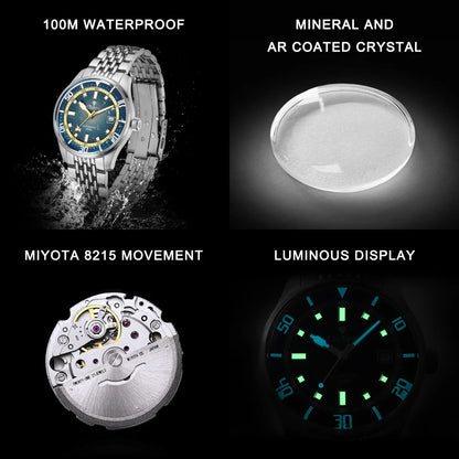 CADISEN Automatic Mechanical Watch Men's Silver Business Casual Waterproof Watch Japan MIYOTA 8215 Movement Domed Glass Men's Watch