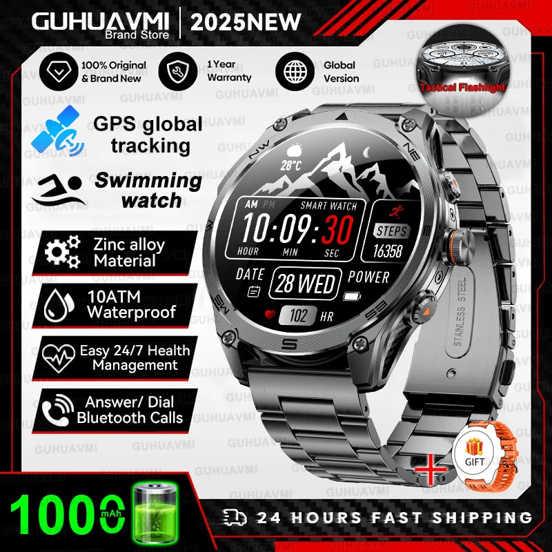 2026 New Military GPS Smart Watch 1000Mah Battery Compass IP68 Waterproof Tactics Sport Flashlight BT Call Smart Watch For Men