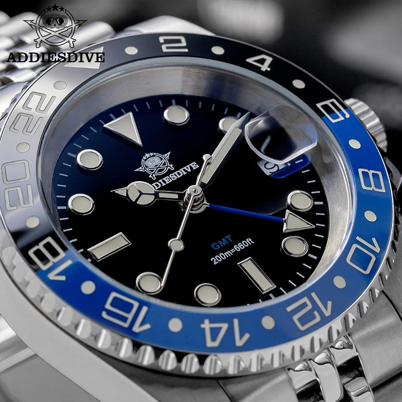 ADDIESDIVE Watch For Men Quartz GMT 20Bar Waterproof BGW9 Super Luminous 316L Stainless Steel Ceramic Bezel Watch