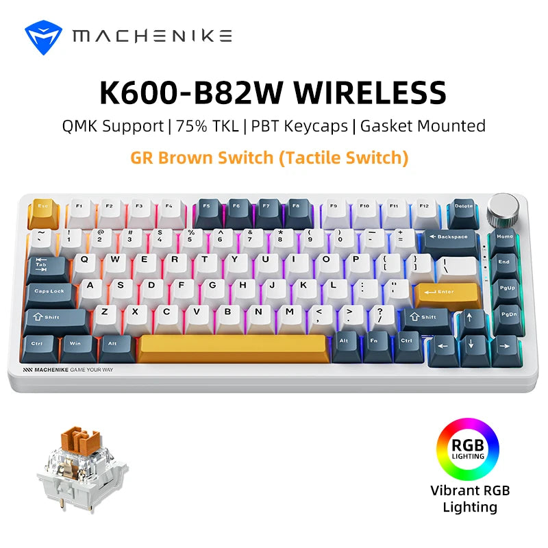 Machenike K600-B82W Mechanical Keyboard Tri-Modes Gasket Mounted 75% ANSI Layout RGB Backlit Wireless Gaming Keyboard