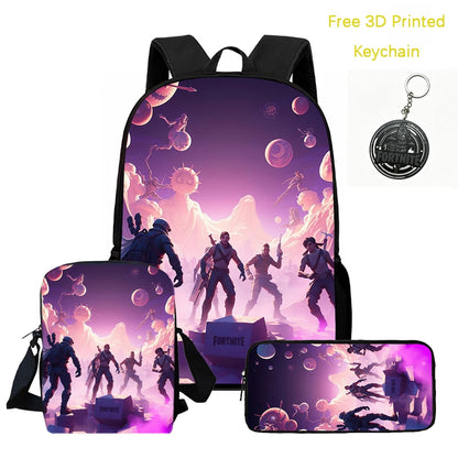 3Pcs Kids Backpack Set, Crossbody & Pencil Bag, FORTNITE Cartoon Bag, Lightweight for Boys Girls 5-10, Free 3D Printed Keychain