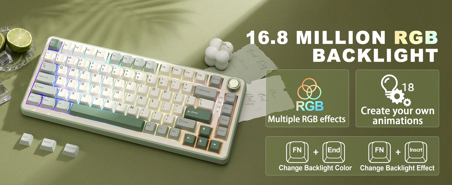 YUNZII B75 PRO Green Mechanical Gaming Keyboard, Gasket 75 Knob RGB Keyboard, BT/Wired/Wireless Hot-Swap Custom Creamy Keyboard