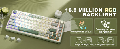 YUNZII B75 PRO Green Mechanical Gaming Keyboard, Gasket 75 Knob RGB Keyboard, BT/Wired/Wireless Hot-Swap Custom Creamy Keyboard
