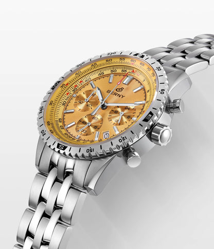 Pánské hodinky BERNY Aviation – křemenný chronograf s datem, safírovým sklem a ultraluminiscenční vrstvou – elegantní hodinky luxusní značky