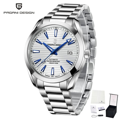 Montre de luxe pour homme PAGANI DESIGN – Modèle automatique mécanique (calibre 8215), en acier inoxydable, étanche, avec affichage de la date et aiguilles luminescentes