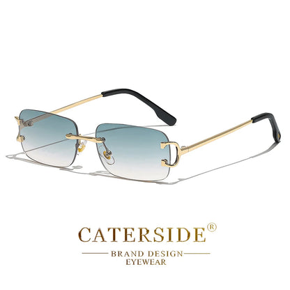 CATERSIDE Blue Rectangular Sunglasses Men Rimless Metal Fashion Square Sun Glasses For Women Gradient Lens Outdoor Eyewear UV400