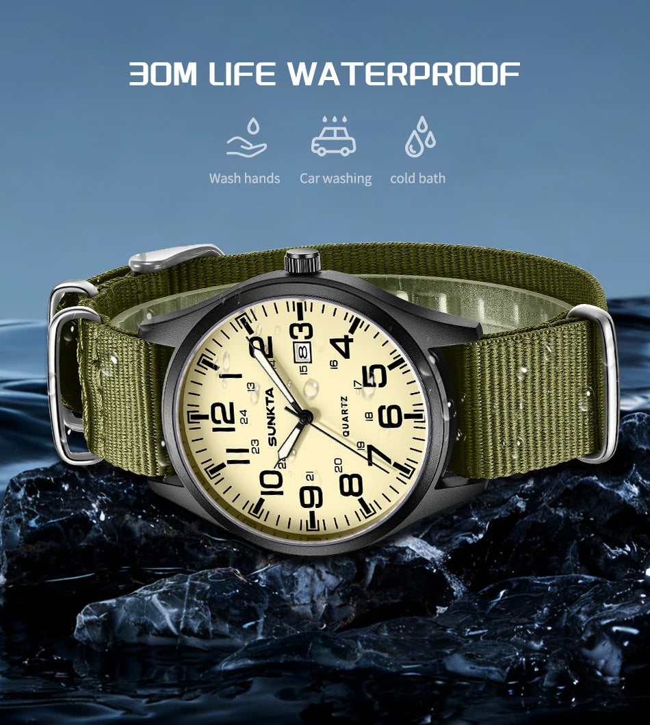 SUNKTA Top luxe herenhorloges, modieuze casual quartz-polshorloges, lichtgevend, 30 m waterdicht, nylon, LIGE-horloges, cadeaus voor mannen, Reloj