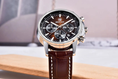 Montre de luxe pour homme Benyar – Chronographe avec date, bracelet en cuir, étanche, luminescente, style sportif et militaire, montre à quartz