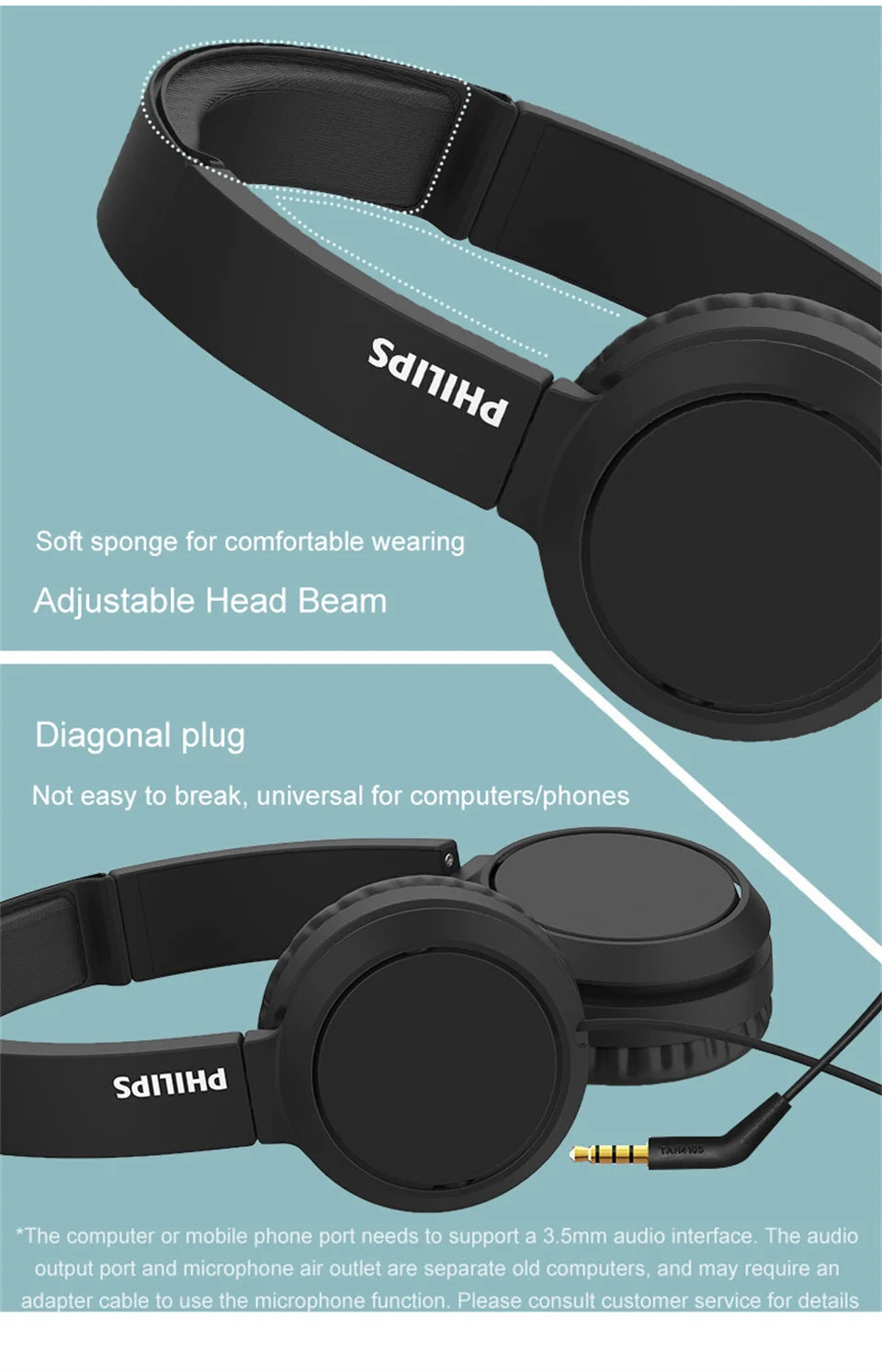 Philips TAH4105 langalliset kuulokkeet – HiFi-stereokuulokkeet, syvä basso ja HD-puhelutoiminto mikrofonilla, sopivat verkkokoulutukseen, toimistokäyttöön, pelaamiseen ja urheiluun
