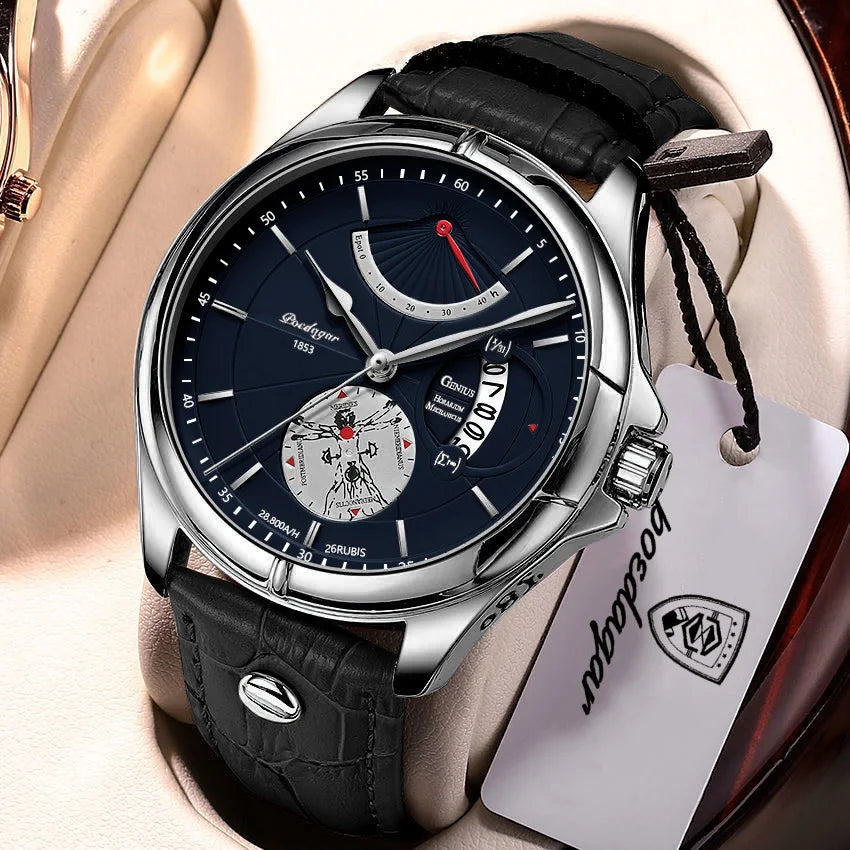 Relógio de pulso de quartzo POEDAGAR para homem – Estilo empresarial, de luxo, estanque, luminoso, com indicação da data e bracelete em pele – Relógio elegante para homem
