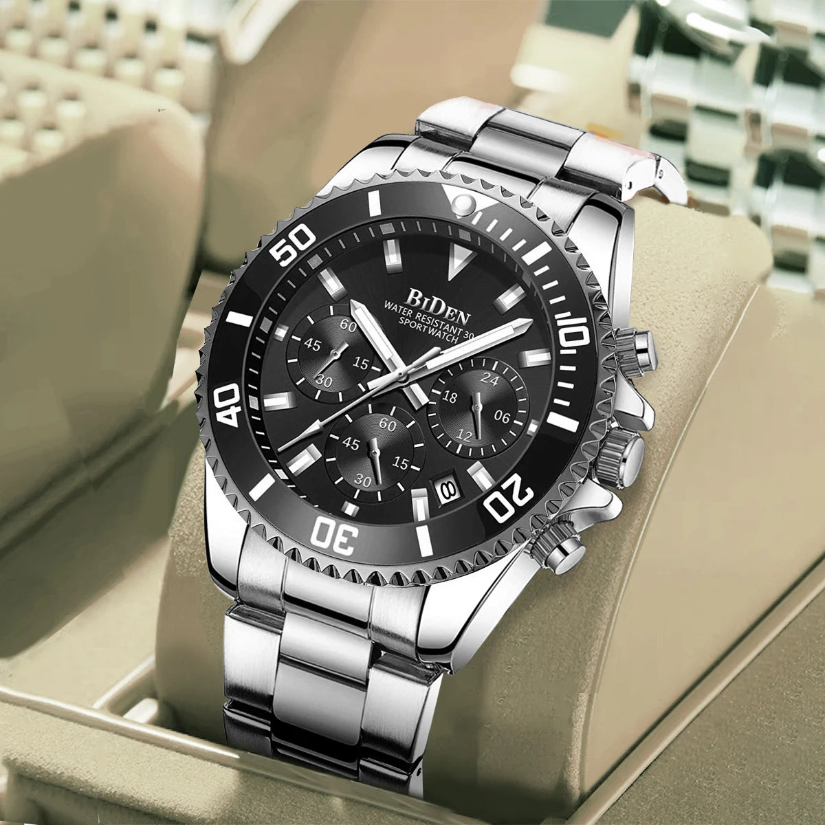 BIDEN Multi-functional men's quartz watch luxury waterproof night light business style diving series casual fashion watch