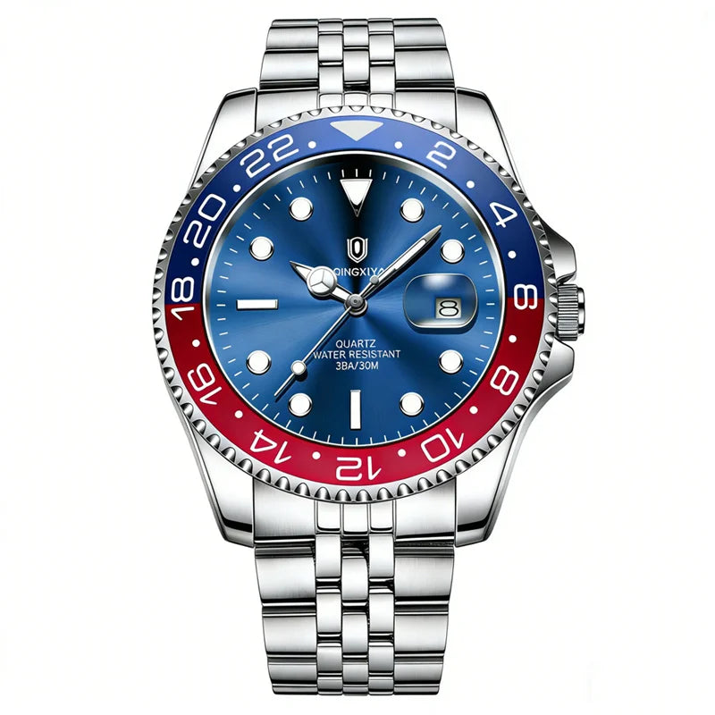 QINGXIYA Luxe herenhorloges met kwartsmechanisme, roestvrij staal, waterdicht, verlicht, datumweergave, herenpolshorloge, reloj hombre