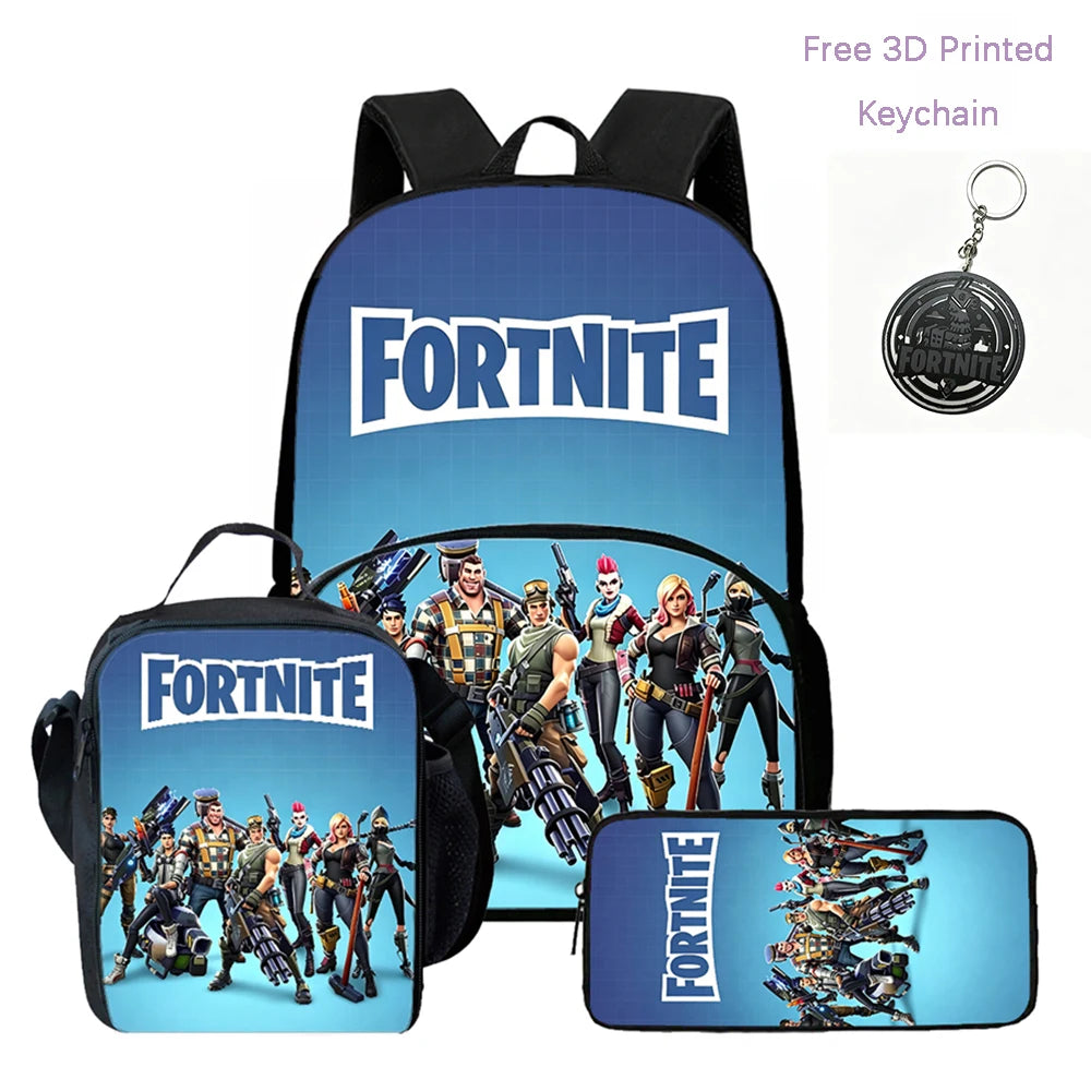 Lightweight FORTNITE 3Pcs Backpack With Front Pocket Lunch Bag Pencil Bag Free 3D Printed Keychain For Boys Girls Kids Aged 5-10