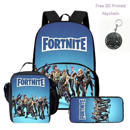 Lightweight FORTNITE 3Pcs Backpack With Front Pocket Lunch Bag Pencil Bag Free 3D Printed Keychain For Boys Girls Kids Aged 5-10