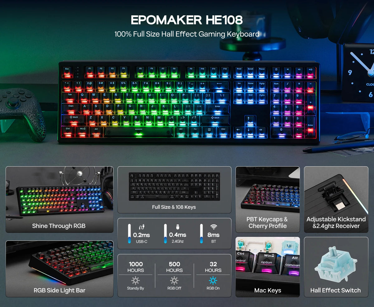 EPOMAKER HE108 100 % ANSI US QWERTY -asettelulla varustettu langallinen/BT/2,4 GHz langaton Hall-efektipohjainen mekaaninen näppäimistö, jossa on SOCD/DKS- ja Rapid Trigger -ominaisuudet