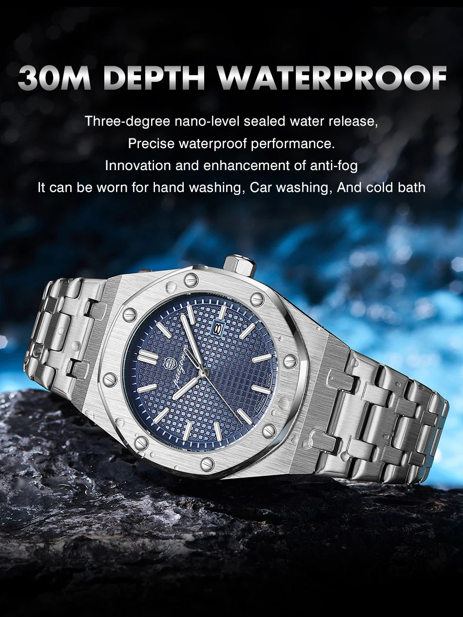 PAAZOMU Luxe vierkant herenhorloge met quartz, waterdicht, verlicht datumvenster, herenhorloge van roestvrij staal, zakelijke herenhorloges