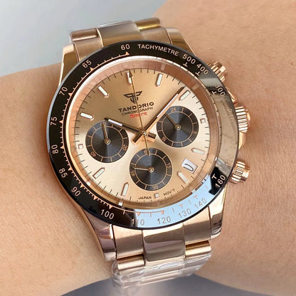Luxury VK63 Men's Watch Quartz Movement Business Stop Watches 39mm Steel/Rose Gold Date Luminous Dial Fully Chronograph