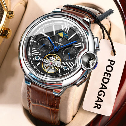 Ceas pentru bărbați POEDAGAR, stil luxos și profesional, cu afișaj al datei și al zilei, tourbillon, carcasă din oțel inoxidabil, mecanism mecanic automat și rezistență la apă.