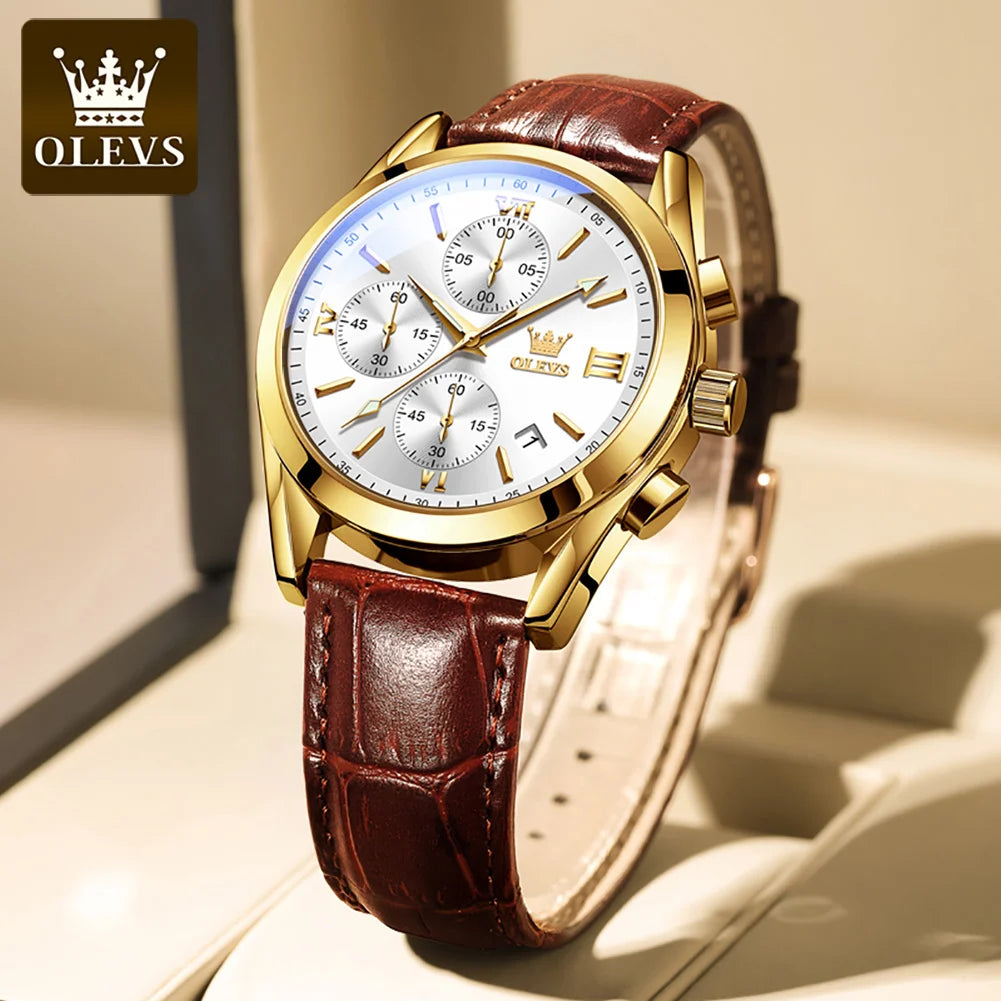 Montre-bracelet chronographe pour homme OLEVS 2872 – Bracelet en cuir, étanche, aiguilles luminescentes, mouvement à quartz, style sport de luxe