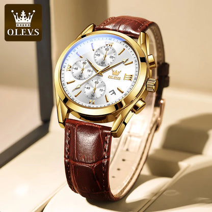 Montre-bracelet chronographe pour homme OLEVS 2872 – Bracelet en cuir, étanche, aiguilles luminescentes, mouvement à quartz, style sport de luxe