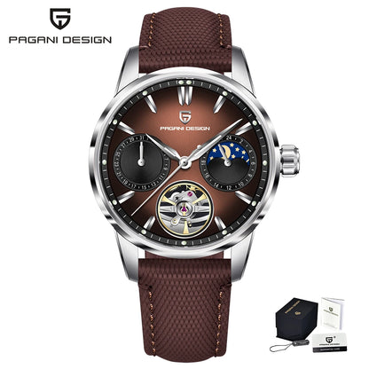 PAGANI DESIGN – Ceas mecanic de lux pentru bărbați, 41 mm, sticlă de safir, curea din piele, rezistent la apă, stil pilot, cu turbilion și fază lunară
