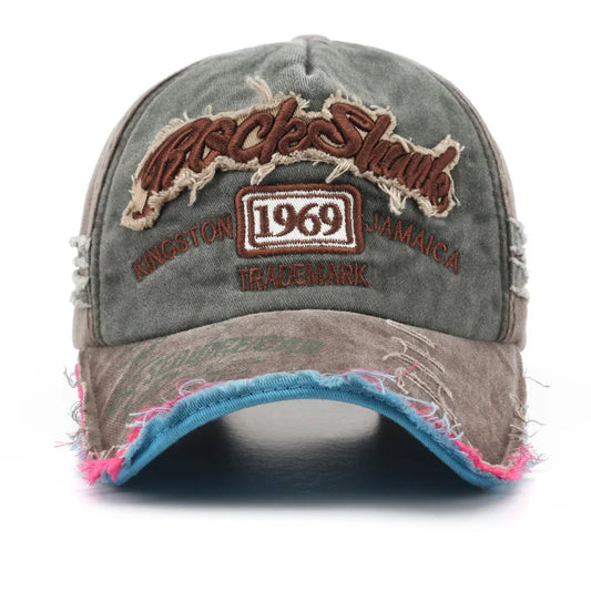 1969 vintage washed vintage letter embroidered perforated duckbill cap for men and women sun shading baseball cap