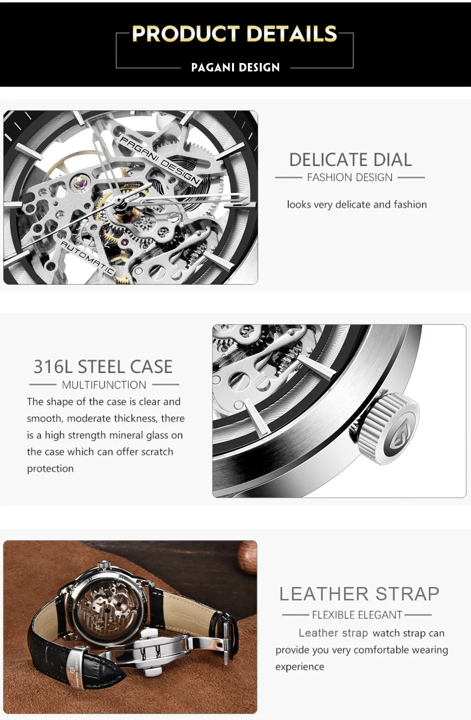 PAGANI DESIGN Business Man Watch Luxury Skeleton Hollow Leather Men's Wristwatch New Mechanical Male Clock Relogio Masculino