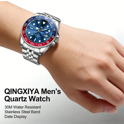 QINGXIYA Luxe herenhorloges met kwartsmechanisme, roestvrij staal, waterdicht, verlicht, datumweergave, herenpolshorloge, reloj hombre