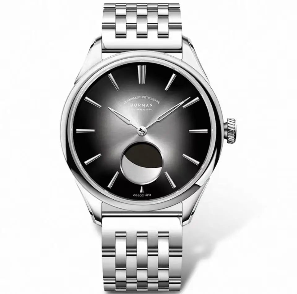 Borman Men's Automatic Watches, Luxury Moon Phase Mechanical Wristwatch, Fashionable 50M Waterproof with Sapphire Leather Strap