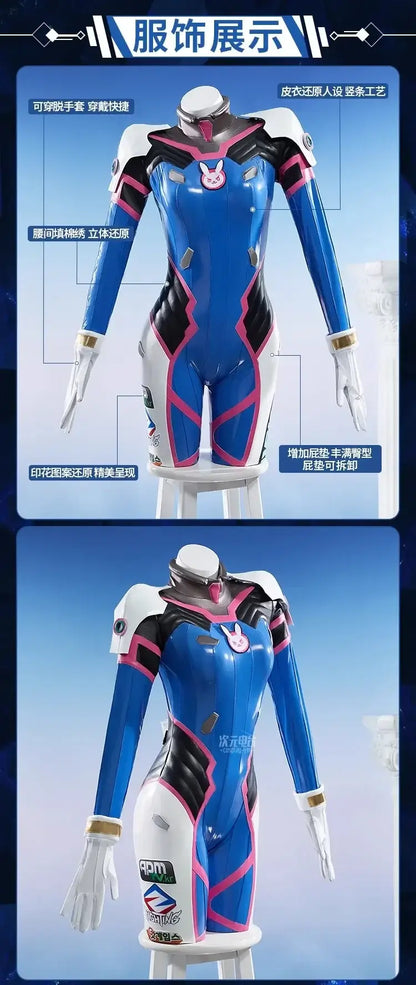 Game Overwatch Dva Song Hana Cosplay Costume Women Cute Elasticity Leather Jumpsuit Zentai Suit Halloween Carnival Party Clothes
