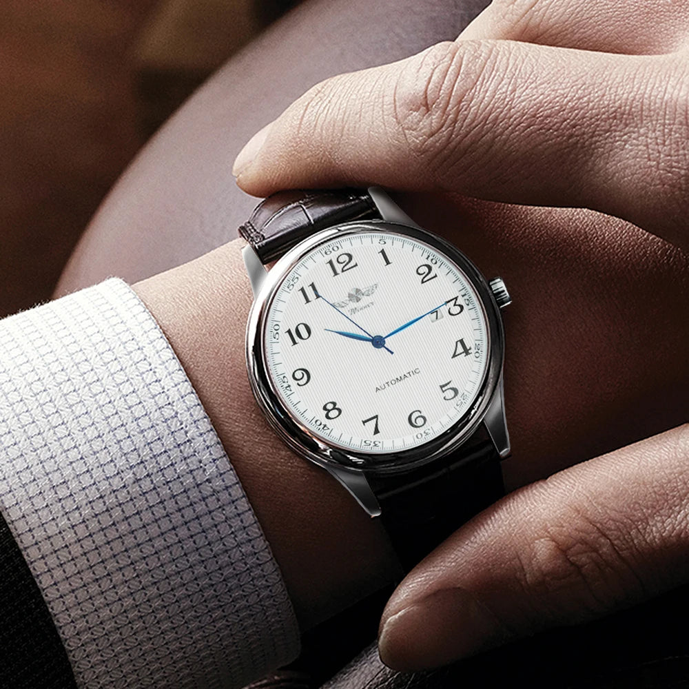 Klasični muški sat – retro stil s prikazom datuma i plavim kazaljkama, automatski mehanički mehanizam, prestižni brend, čelično kućište i kožni remen