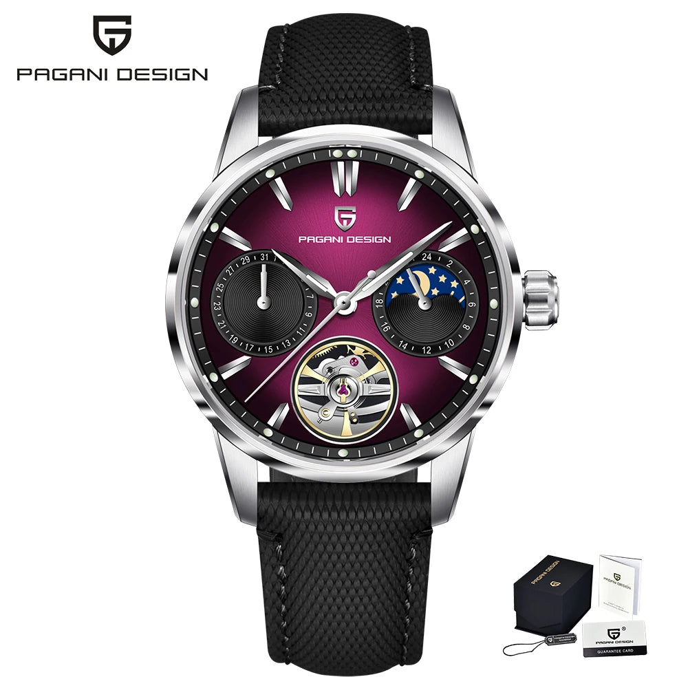 PAGANI DESIGN – Ceas mecanic de lux pentru bărbați, 41 mm, sticlă de safir, curea din piele, rezistent la apă, stil pilot, cu turbilion și fază lunară