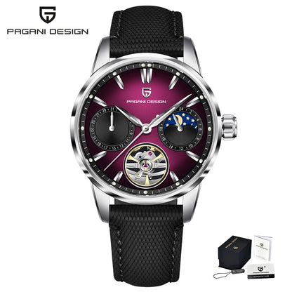 PAGANI DESIGN – Ceas mecanic de lux pentru bărbați, 41 mm, sticlă de safir, curea din piele, rezistent la apă, stil pilot, cu turbilion și fază lunară