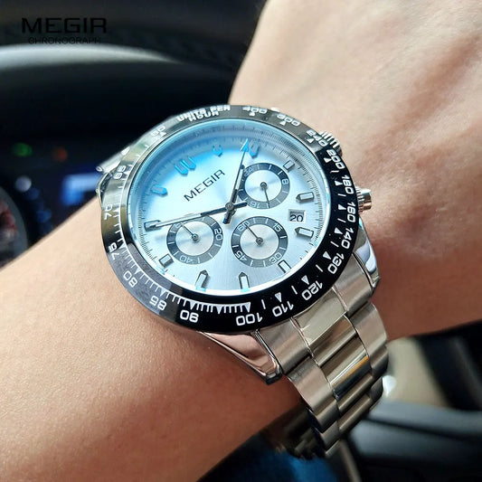 Relógio de homem MEGIR, marca de luxo, relógio desportivo de quartzo, bracelete em aço inoxidável, resistente à água, cronógrafo, relógio de pulso