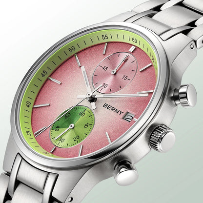 Montre pour homme BERNY – Chronographe multifonction à quartz, style décontracté et tendance, affichage de la date, aiguilles luminescentes, montre-bracelet sportive et colorée