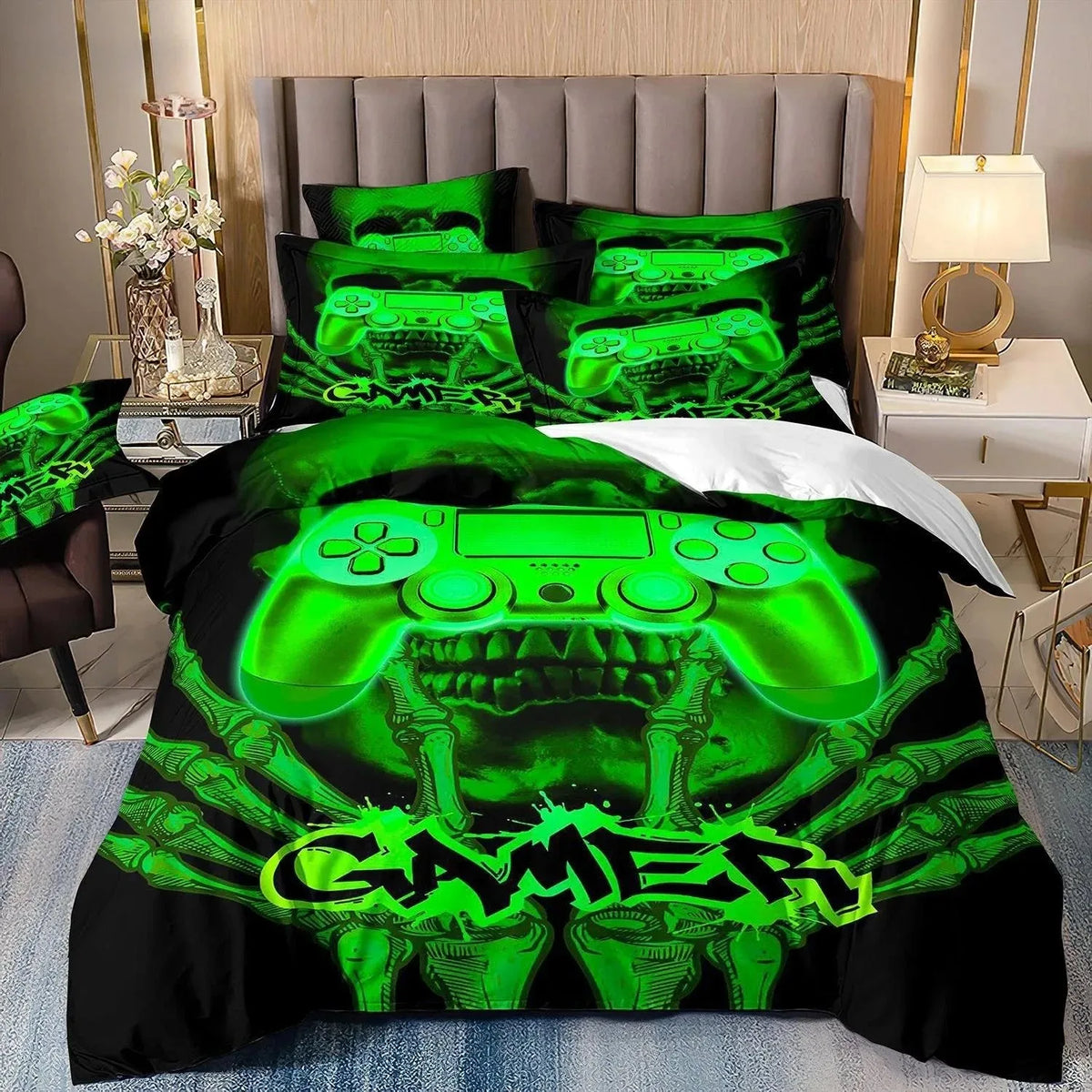 Juegos de cama para niños aficionados a los videojuegos: juego de funda nórdica «Queen» con motivos de videojuegos, juego de cama con diseños de PlayStation para chicos adolescentes