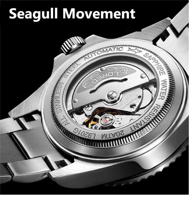 LOREO Original Men's Business Watch 20ATM Waterproof Wristwatch Top Brand Casual Sport Seagull Automatic Mechanical Watch Men